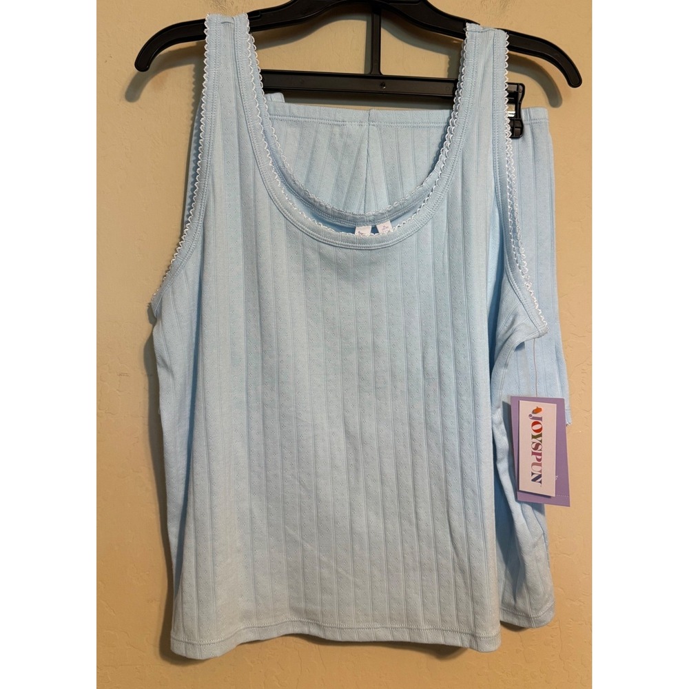 Joyspun Pajama Set Women XL Blue Pointelle Ribbed Tank & Shorts Loungewear NEW